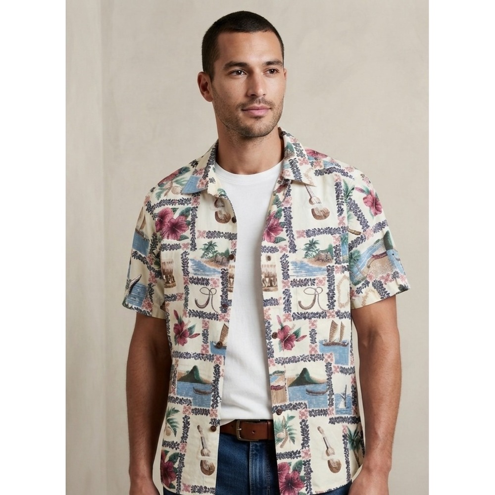 Paradise Bay Hawaiian Tropical Aloha Beach Coastal Island Button Down Shirt L